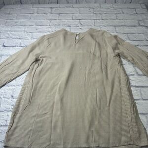 Roolee Taupe/White Striped Babydoll Style Linen Top. Long Sleeves. Size L.